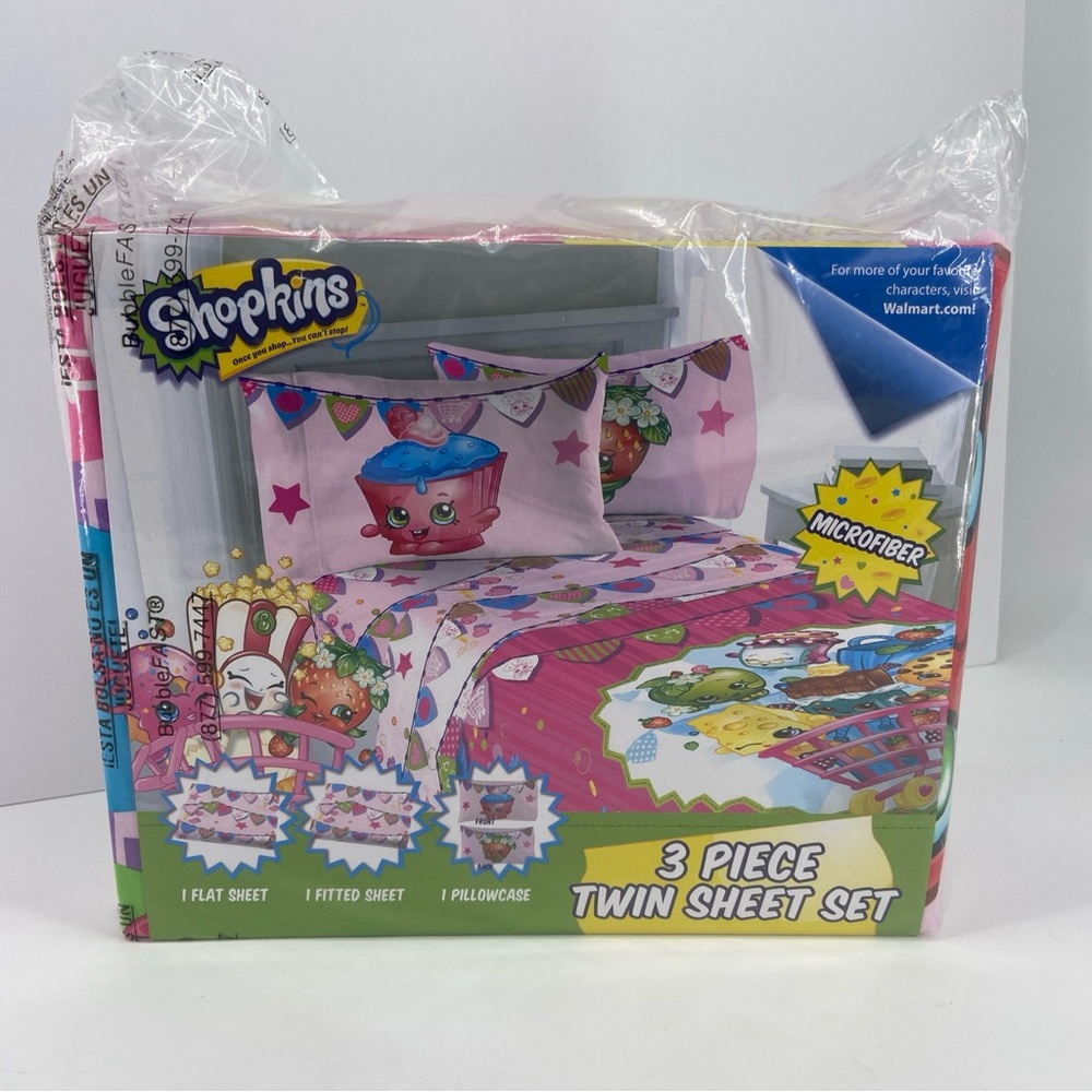 Shopkins Twin Sheet Set 3 Piece Microfiber Bedding Reversible Pillowcase NEW